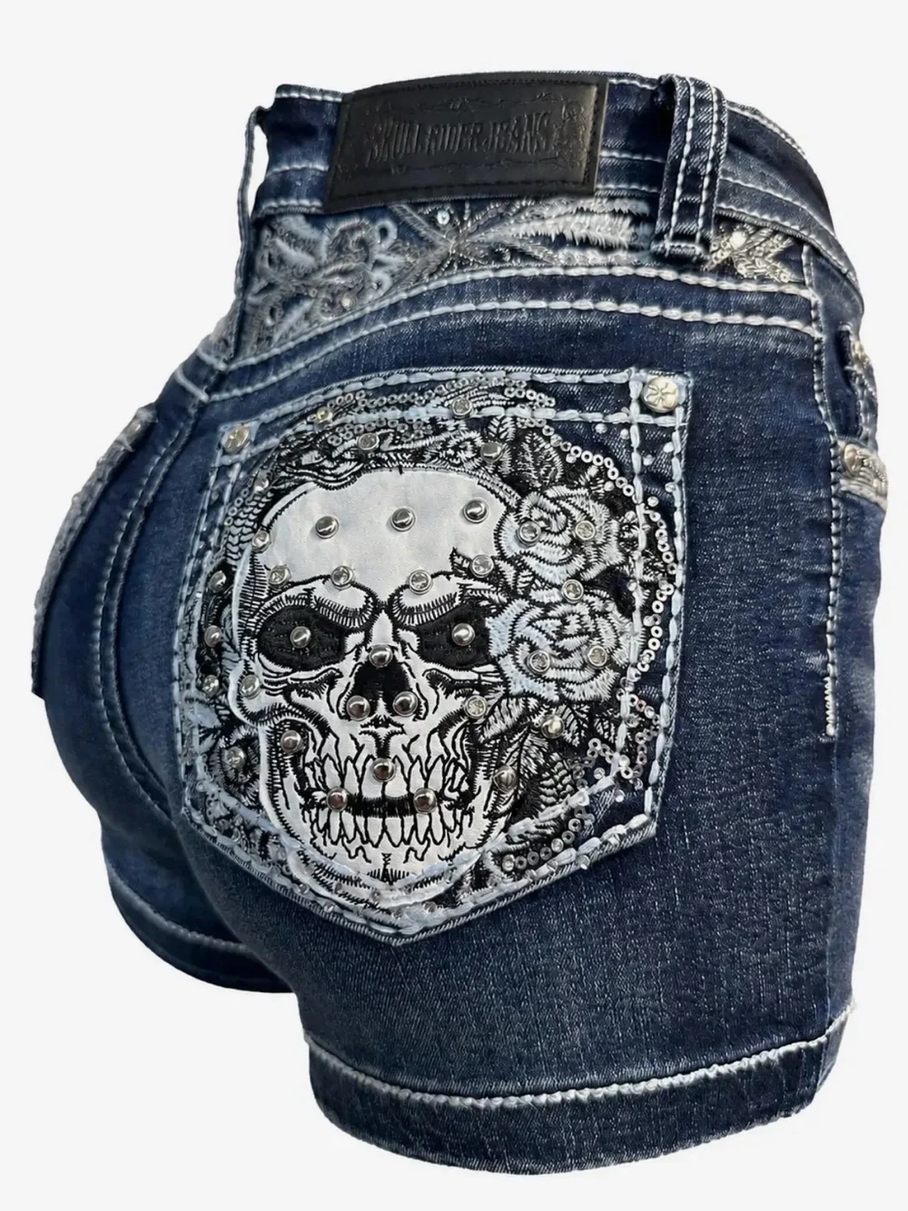 Women's Dark Wash Denim Shorts with Embellished Skull Pockets|Skull Queen
